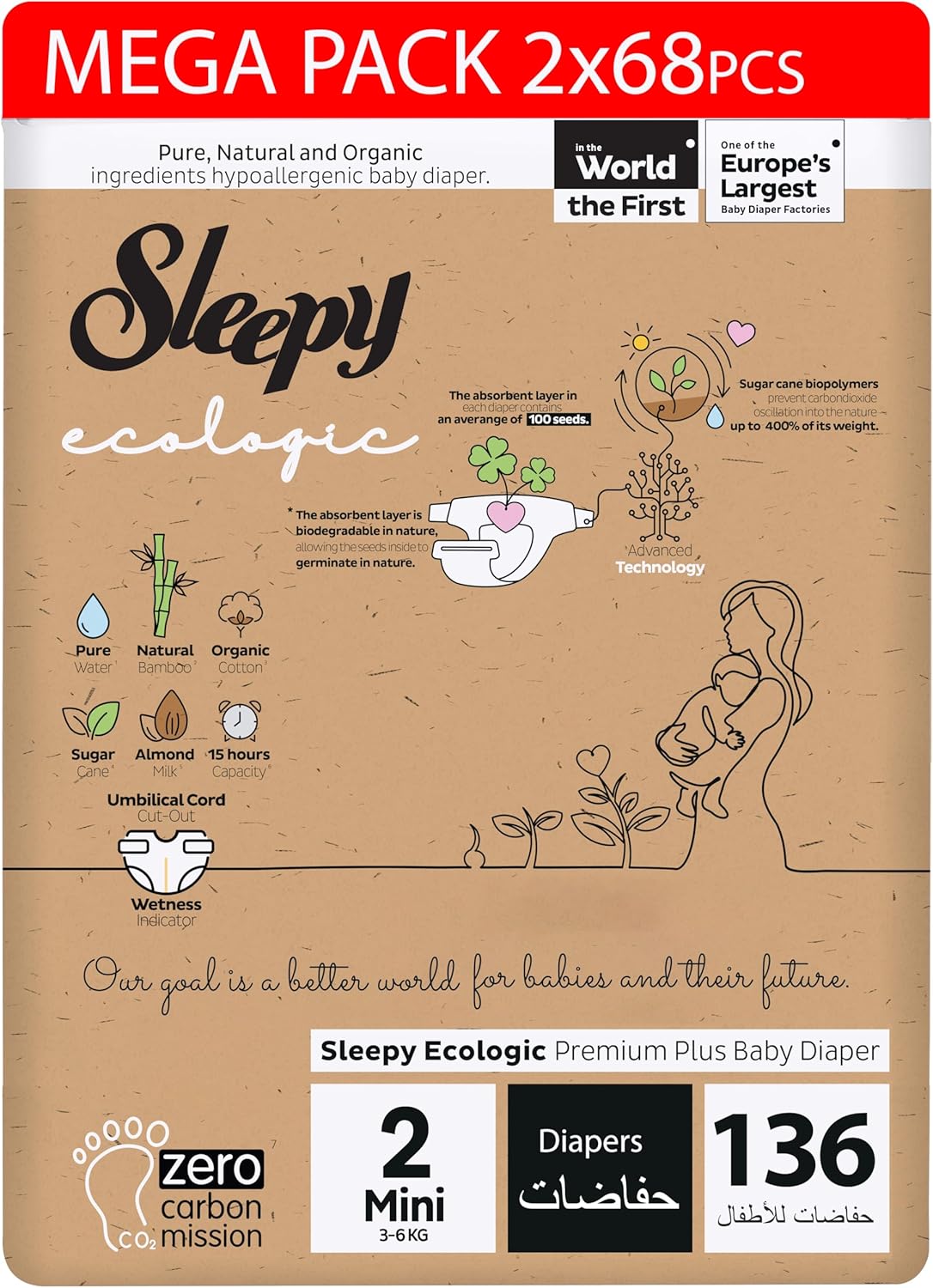Sleepy Ecologic Premium Plus Baby Diapers, Size 2 (3-6 kg), 132 Count - Hypoallergenic & Biodegradable